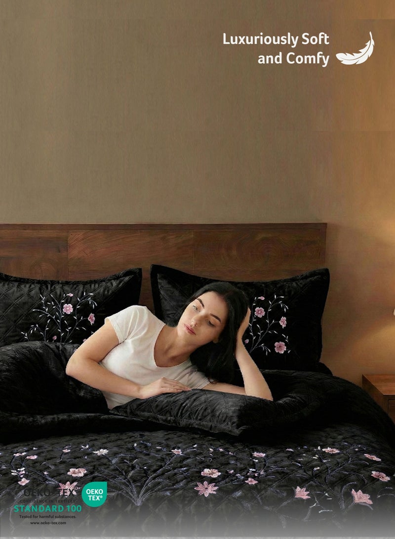 كوتون هوم Cotton Home Velvet Quilt Set 3-Piece Diamond Quilted Bedspread Set 220×240cm with two pillow case Black - Image 5